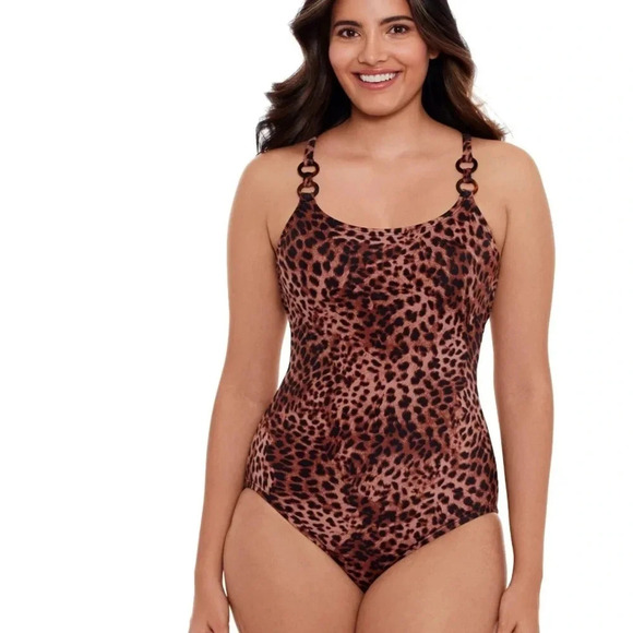 Time & Tru Leopard Print One Piece Swimsuit Medium Double Ring Adjustable Straps - Picture 1 of 10